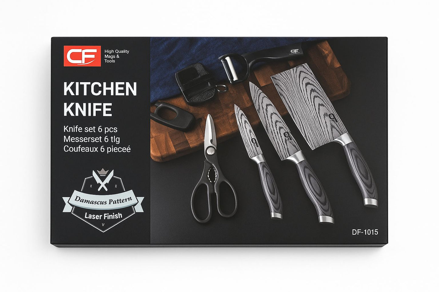 Set cutite Inox Profesionale pentru Bucatarie -Set 6 Piese Damascus Pattern | Cutite Carne + Ascutitor +Foarfeca+ Accesorii | Cadou Ideal Chef & Gatit Acasa |Manerg ergonomic din lemn