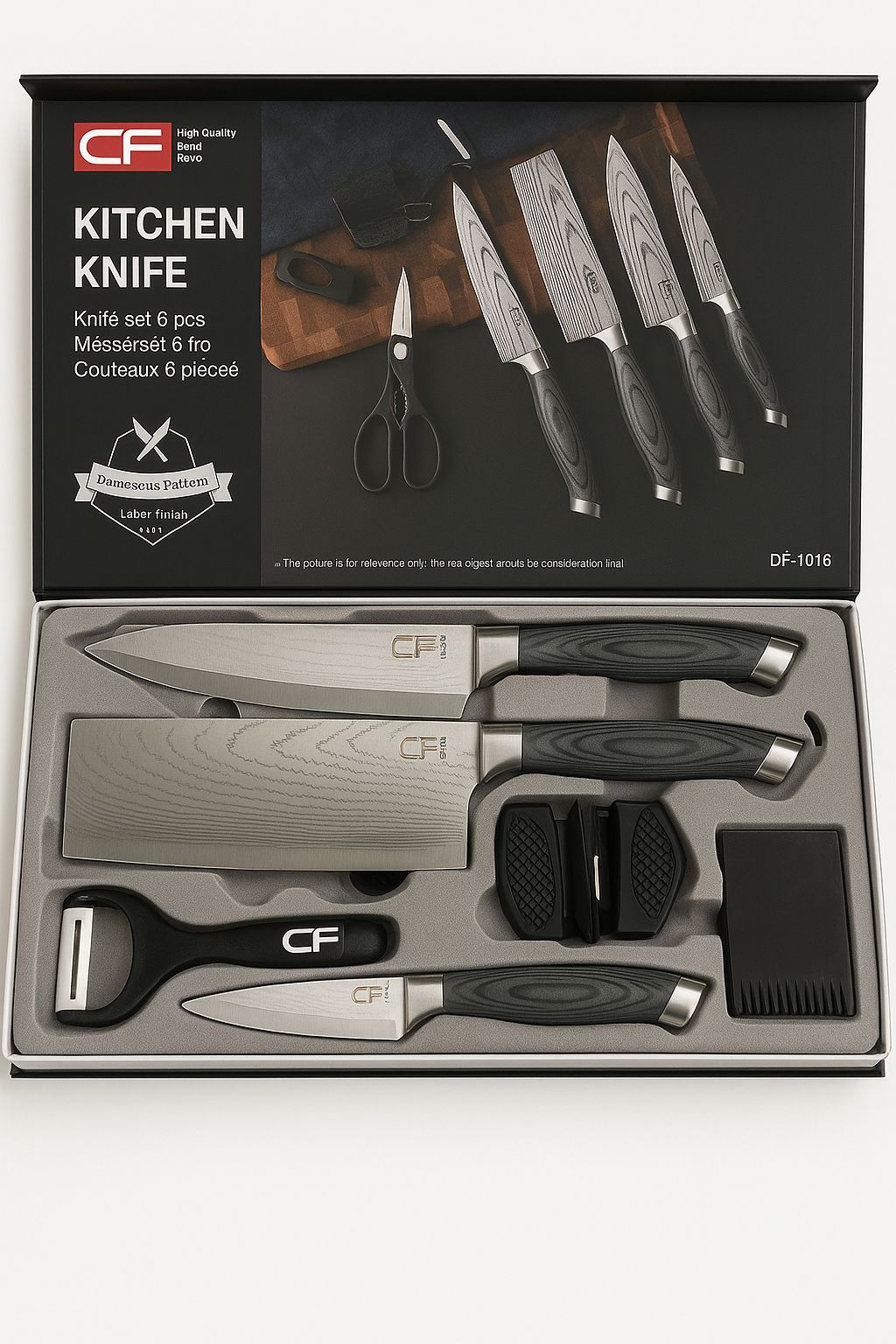 Set cutite Inox Profesionale pentru Bucatarie -Set 6 Piese Damascus Pattern | Cutite Carne + Ascutitor +Foarfeca+ Accesorii | Cadou Ideal Chef & Gatit Acasa |Manerg ergonomic din lemn