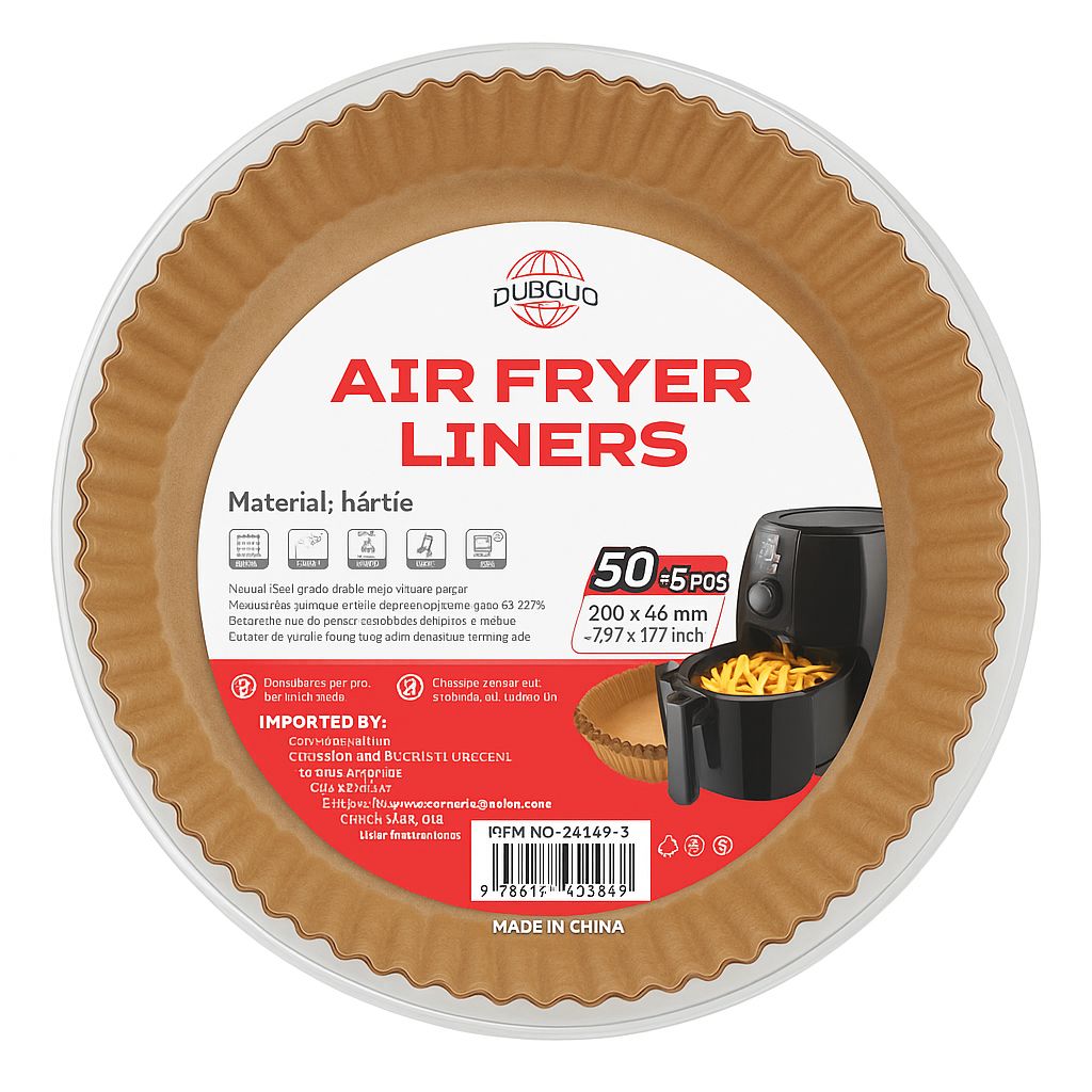 Set Hartii de Copt pentru Air Fryer, 50+5 buc, 200x45 mm, Pachet Rotund Antilipidic, Hartie Pergament Termorezistenta, Forma rotund, in suport de plastic cu capac