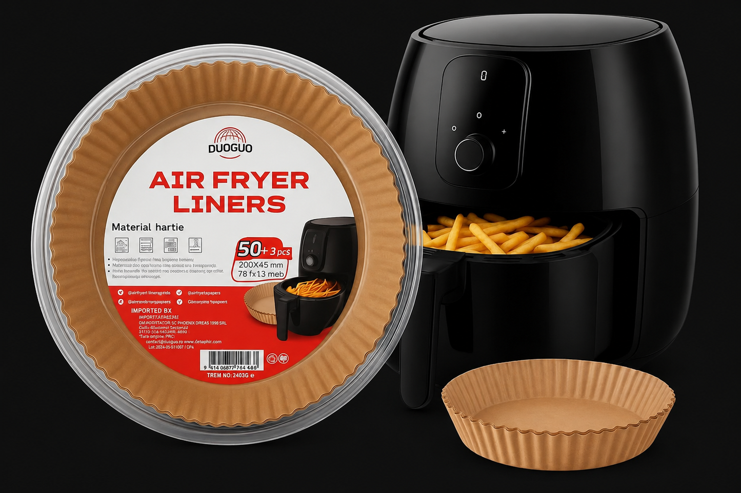 Set Hartii de Copt pentru Air Fryer, 50+5 buc, 200x45 mm, Pachet Rotund Antilipidic, Hartie Pergament Termorezistenta, Forma rotund, in suport de plastic cu capac