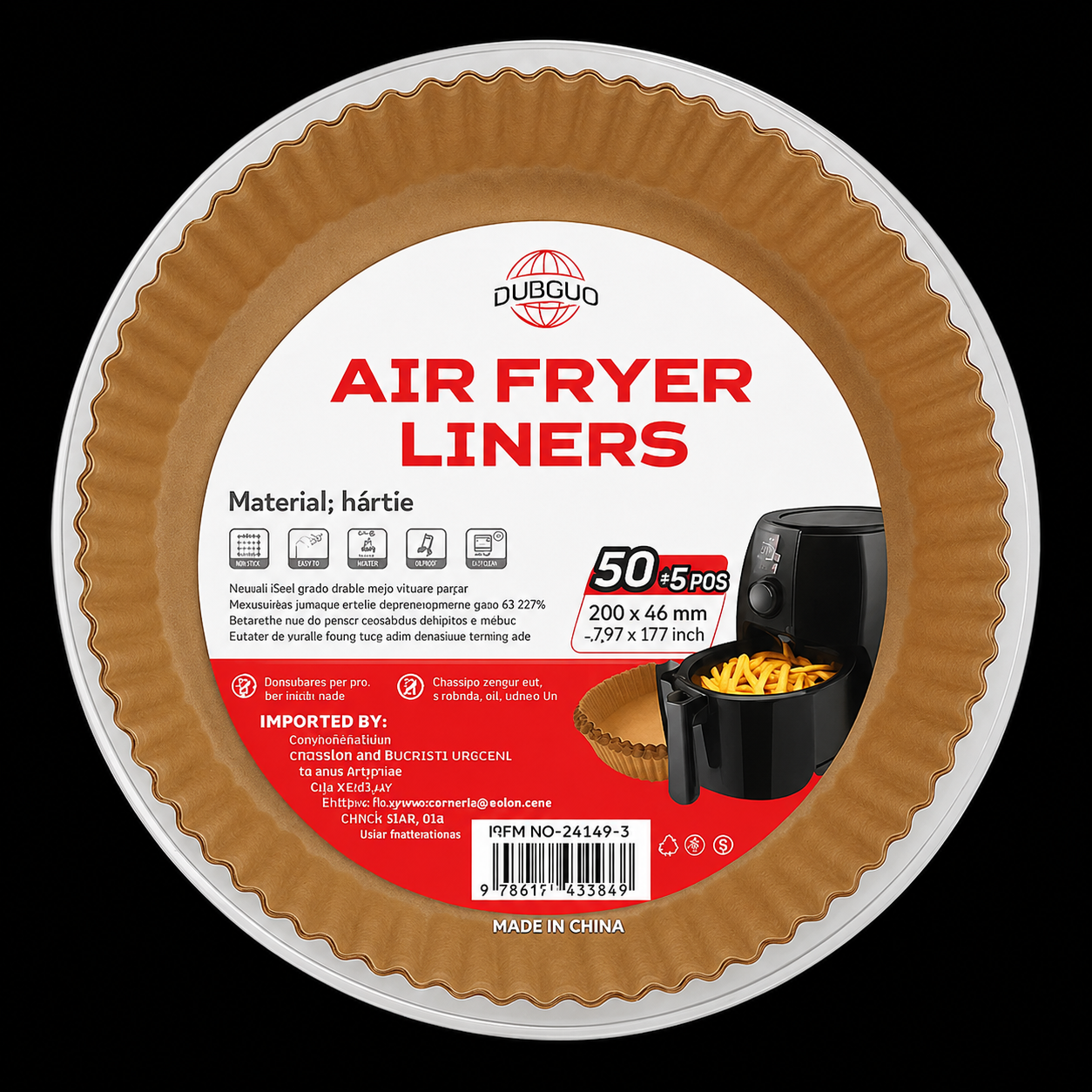 Set Hartii de Copt pentru Air Fryer, 50+5 buc, 200x45 mm, Pachet Rotund Antilipidic, Hartie Pergament Termorezistenta, Forma rotund, in suport de plastic cu capac