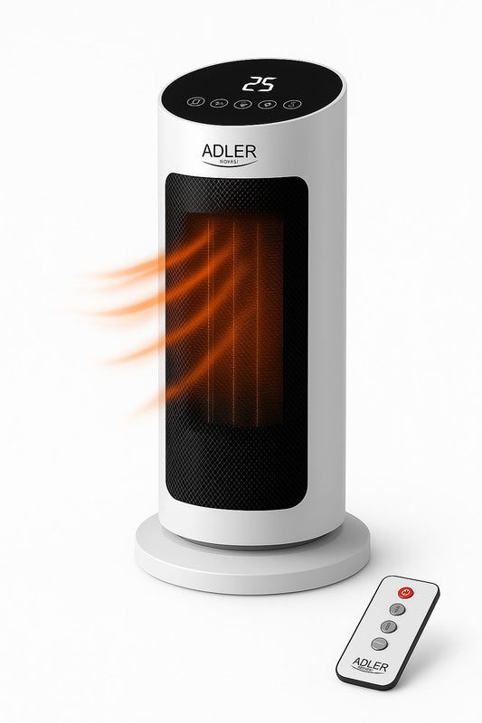 Aeroterma ceramica Adler AD 7738 – Putere 2000W, Afisaj LED, Telecomanda, Oscilatie 50°, 2 trepte de incalzire, Temporizator 1–12h, Termostat reglabil 15–40°C, Siguranta anti-rasturnare, Incalzeste rapid pana la 25 m²
