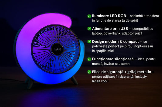 Ventilator Portabil cu LED RGB, 3 trepte viteza, Alimentare USB - Design Modern, Reglaj 180, 5 moduri lumina colorata, perfect pentru masina, birou, camping, silentios si compact - ideal pentru somn