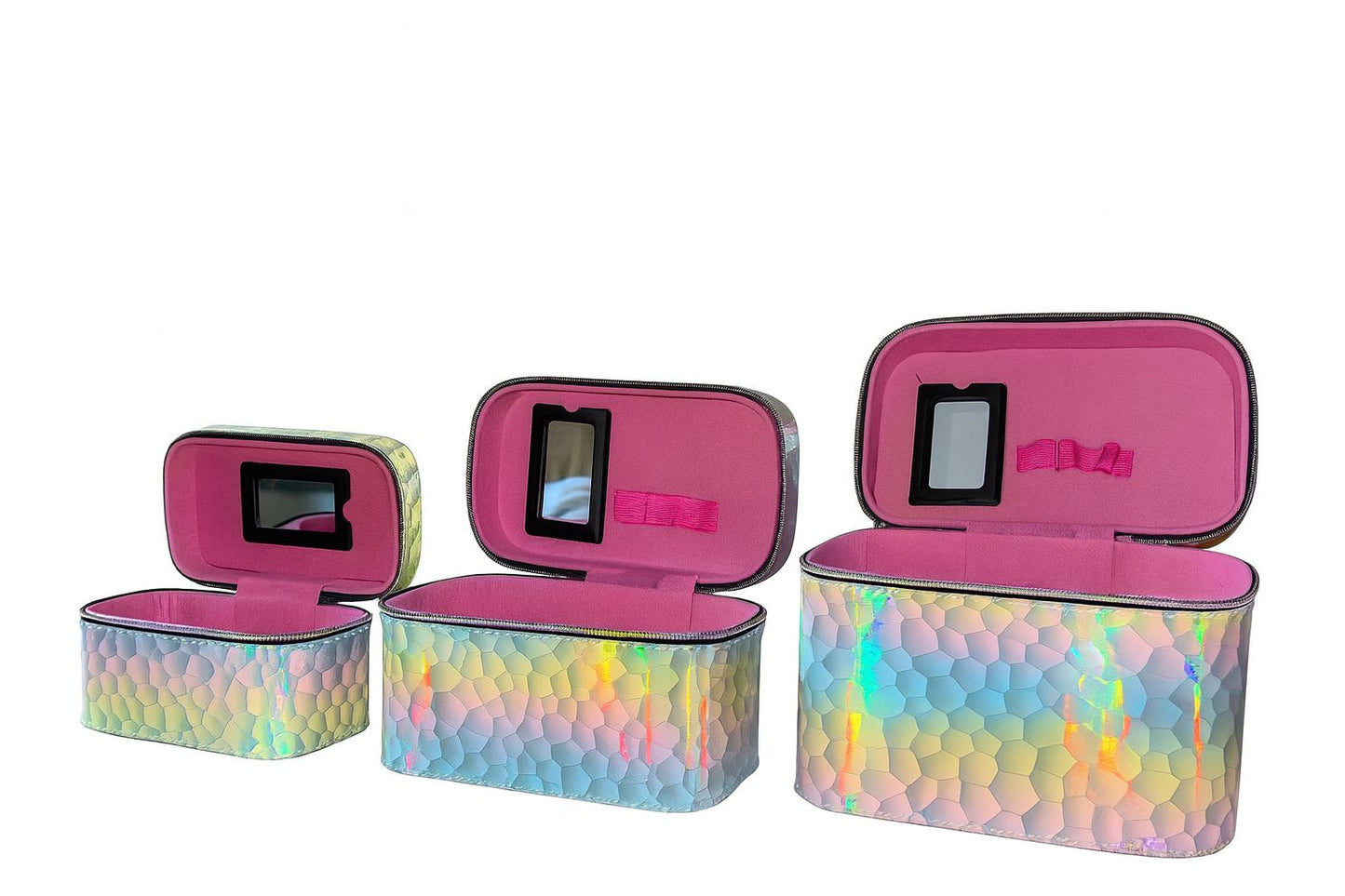 Set 3 Genti Cosmetice Holografice cu Oglinda – Design Premium, Interior Captusit, Portabile & Spatioase