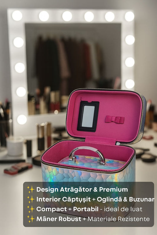 Set 3 Genti Cosmetice Holografice cu Oglinda – Design Premium, Interior Captusit, Portabile & Spatioase