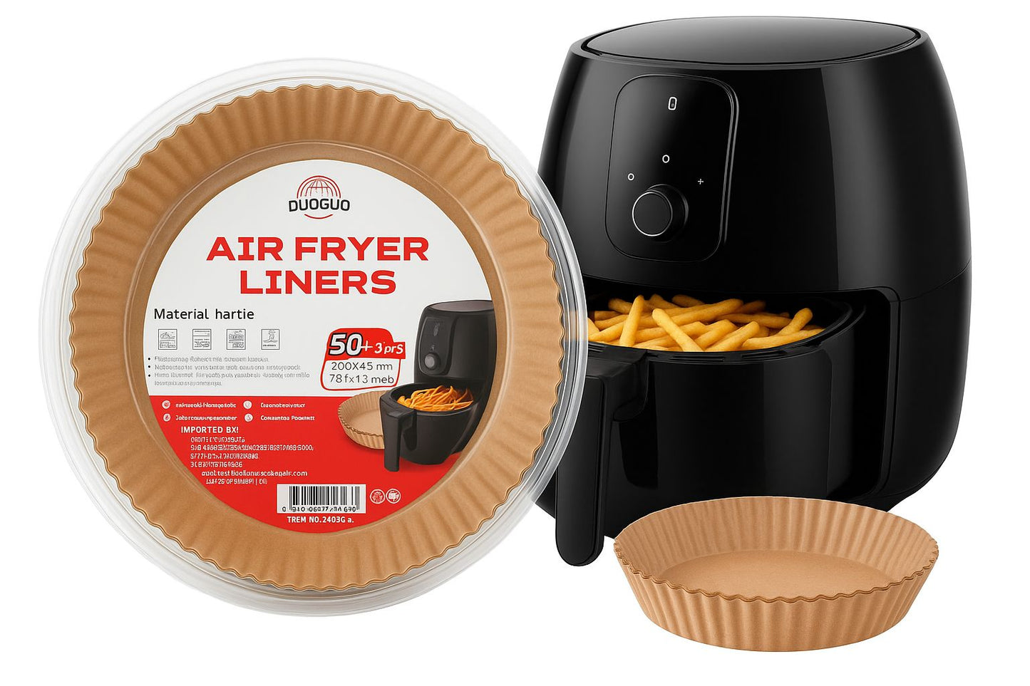 Set Hartii de Copt pentru Air Fryer, 50+5 buc, 200x45 mm, Pachet Rotund Antilipidic, Hartie Pergament Termorezistenta, Forma rotund, in suport de plastic cu capac