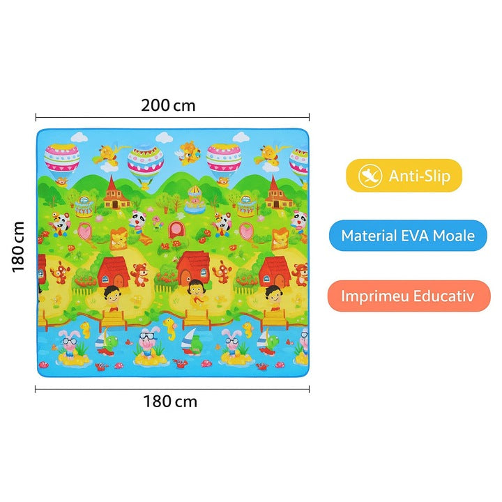 Covoras de Joaca pentru Copii 200x180 cm, Colorat, Antiderapant, din Spuma EVA, 2 Imprimeuri Educationale fata-spate