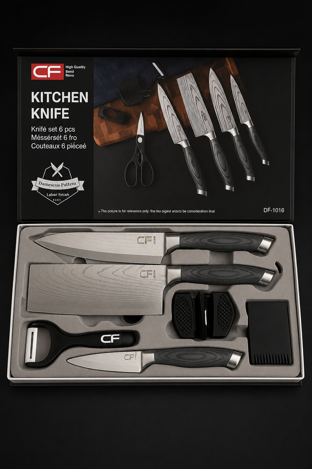 Set cutite Inox Profesionale pentru Bucatarie -Set 6 Piese Damascus Pattern | Cutite Carne + Ascutitor +Foarfeca+ Accesorii | Cadou Ideal Chef & Gatit Acasa |Manerg ergonomic din lemn