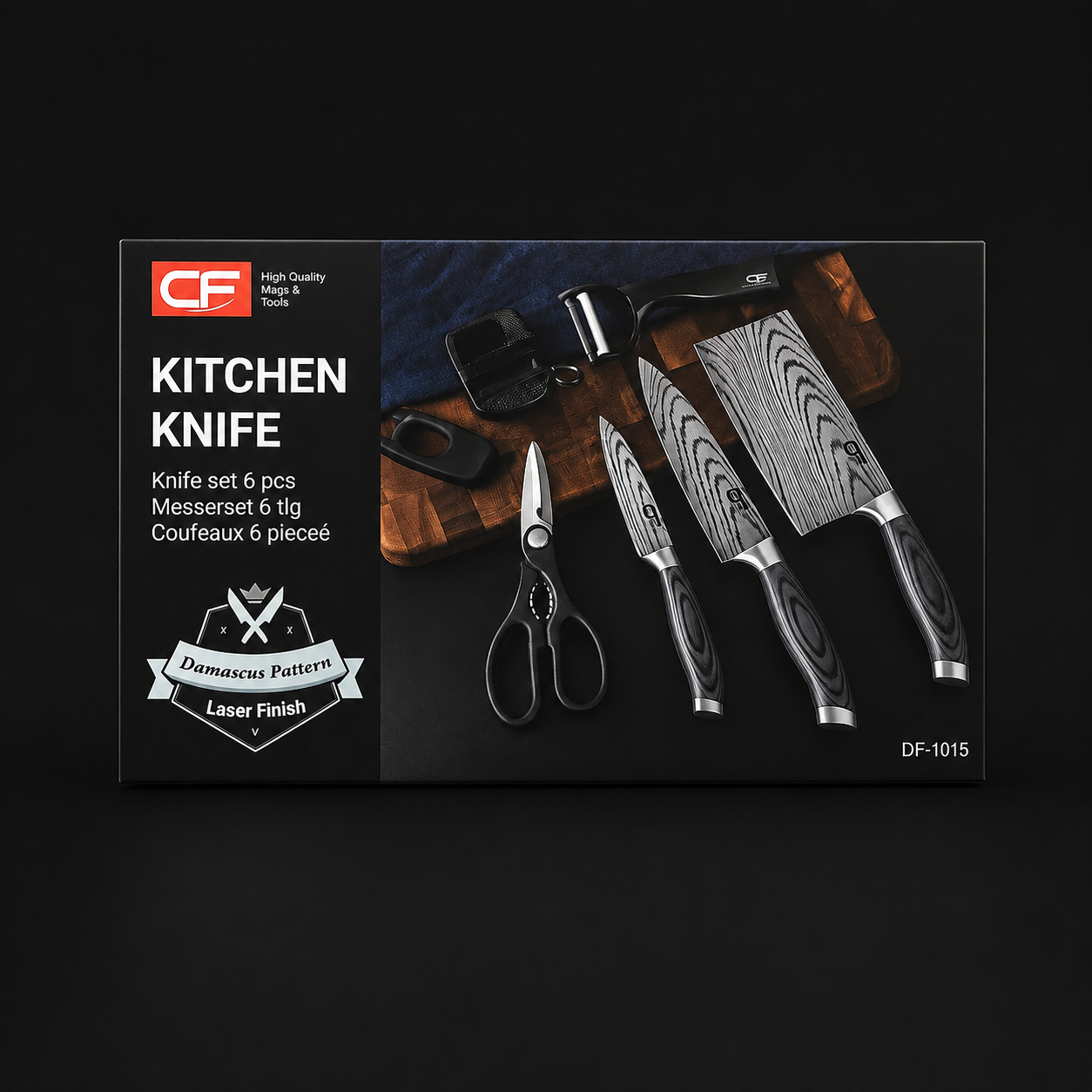Set cutite Inox Profesionale pentru Bucatarie -Set 6 Piese Damascus Pattern | Cutite Carne + Ascutitor +Foarfeca+ Accesorii | Cadou Ideal Chef & Gatit Acasa |Manerg ergonomic din lemn