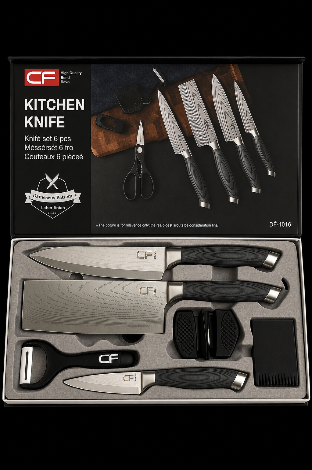 Set cutite Inox Profesionale pentru Bucatarie -Set 6 Piese Damascus Pattern | Cutite Carne + Ascutitor +Foarfeca+ Accesorii | Cadou Ideal Chef & Gatit Acasa |Manerg ergonomic din lemn