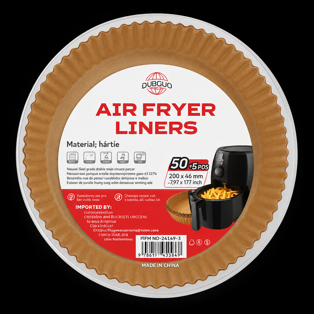 Set Hartii de Copt pentru Air Fryer, 50+5 buc, 200x45 mm, Pachet Rotund Antilipidic, Hartie Pergament Termorezistenta, Forma rotund, in suport de plastic cu capac