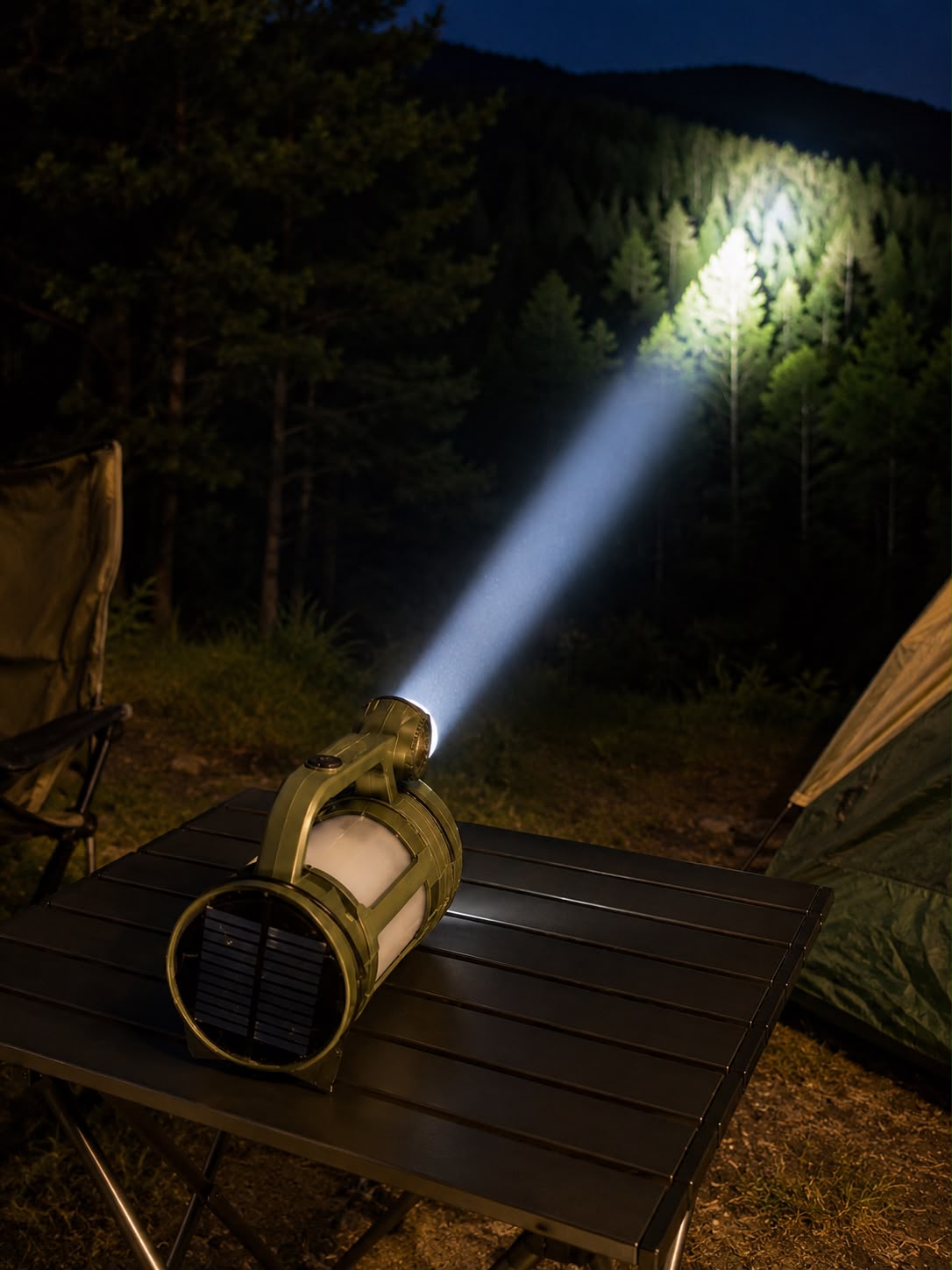 Lanternă Camping LED cu Ventilator, Încărcare USB + Solar, Lumină Puternică și Lampă Ambientală, Verde Army