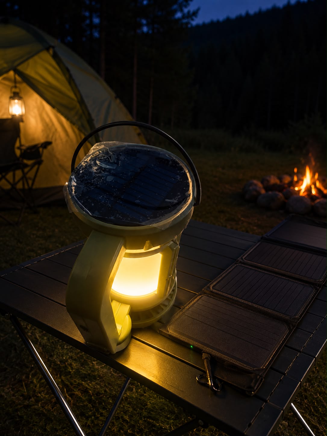 Lanternă Camping LED cu Ventilator, Încărcare USB + Solar, Lumină Puternică și Lampă Ambientală, Verde Army
