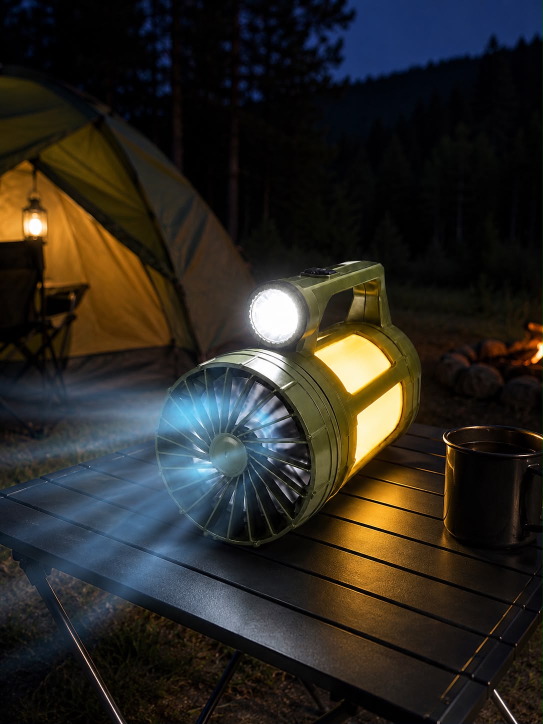 Lanternă Camping LED cu Ventilator, Încărcare USB + Solar, Lumină Puternică și Lampă Ambientală, Verde Army