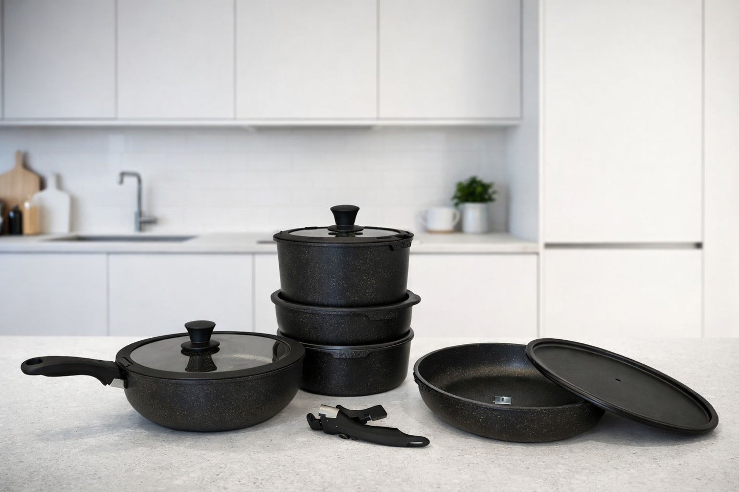 Set oale și tigăi granit antiaderent 17 piese – Mâner detașabil, compatibil toate plitele