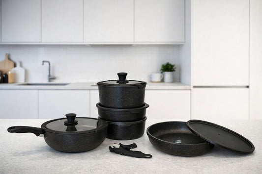 Set oale și tigăi granit antiaderent 17 piese – Mâner detașabil, compatibil toate plitele