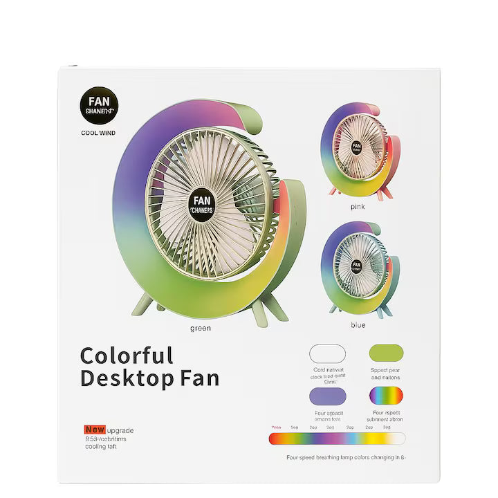 Ventilator Portabil cu LED RGB, 3 trepte viteza, Alimentare USB - Design Modern, Reglaj 180, 5 moduri lumina colorata, perfect pentru masina, birou, camping, silentios si compact - ideal pentru somn